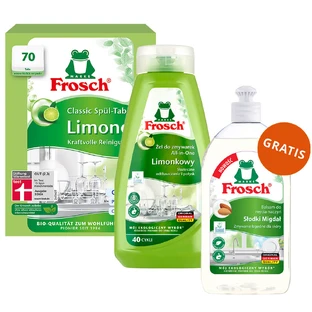 Set Frosch, Pastillas lavavajillas, Classic, lima, 70 uds + Gel lavavajillas, lima, 650 ml + Líquido lavavajillas, almendra, 500 ml gratis