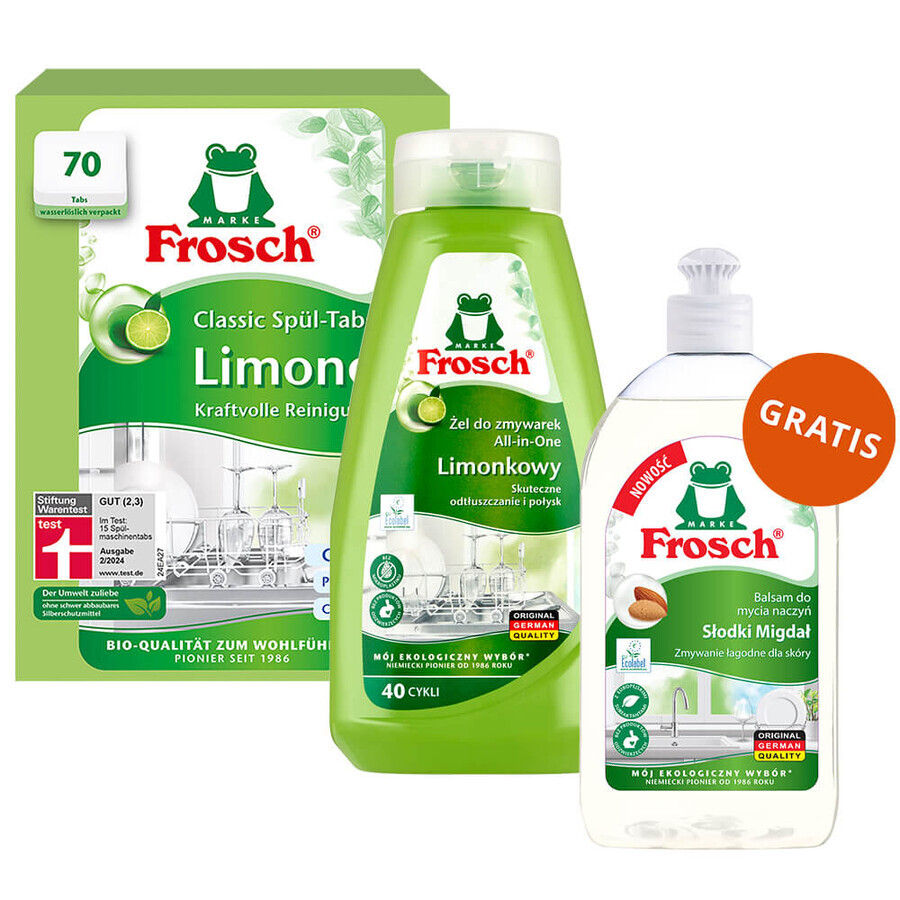 Set Frosch, Vaatwastabletten Classic, lime, 70 stuks + Vaatwasgel, lime, 650 ml + Vaatwasmiddel, amandel, 500 ml gratis