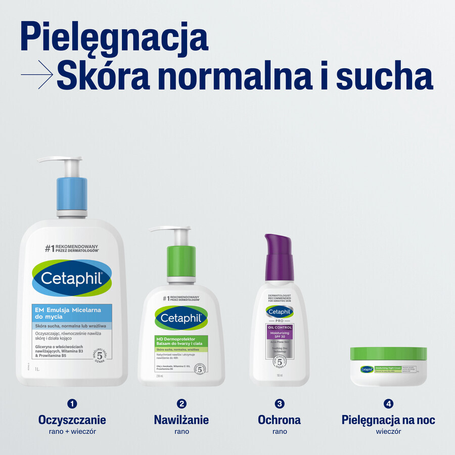 Cetaphil EM, Emulsione micellare per la pulizia della pelle sensibile, per tutta la famiglia, 1000 ml + Crema idratante viso con acido ialuronico, crema notte, 48 ml in omaggio