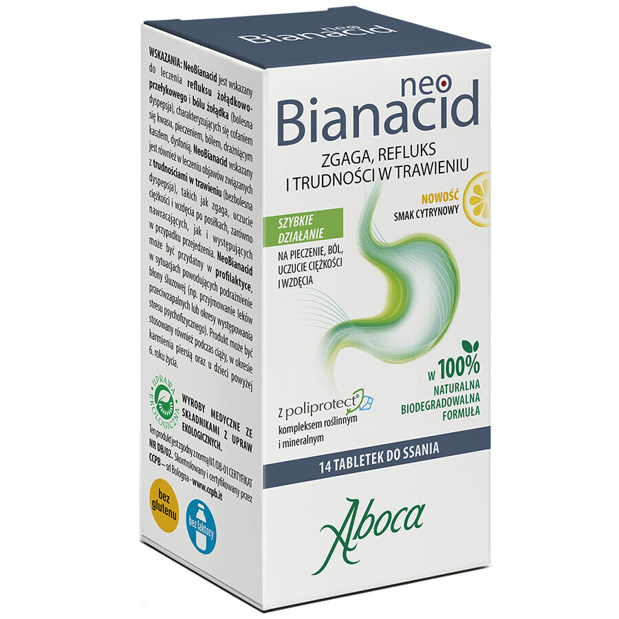 NeoBianacid, heartburn, reflux and digestive difficulties, lemon flavor, 14 lozenge tablets