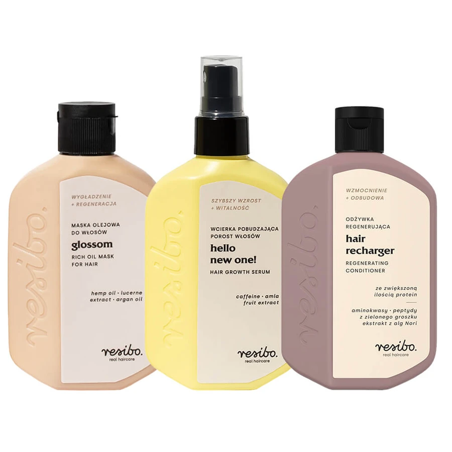 Resibo Glossom set, haarolie masker, 100 ml + haargroeistimulerende haarbehandeling, 90 ml + regenererende haarconditioner, 100 ml gratis