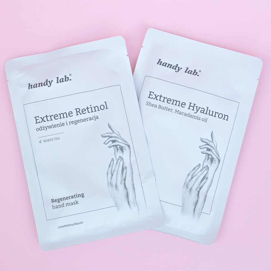 Kit di laboratorio pratico, trattamento mensile delle mani, 2 x guanti maschera mani Extreme Retinol + 2 x guanti maschera mani Extreme Hyaluron