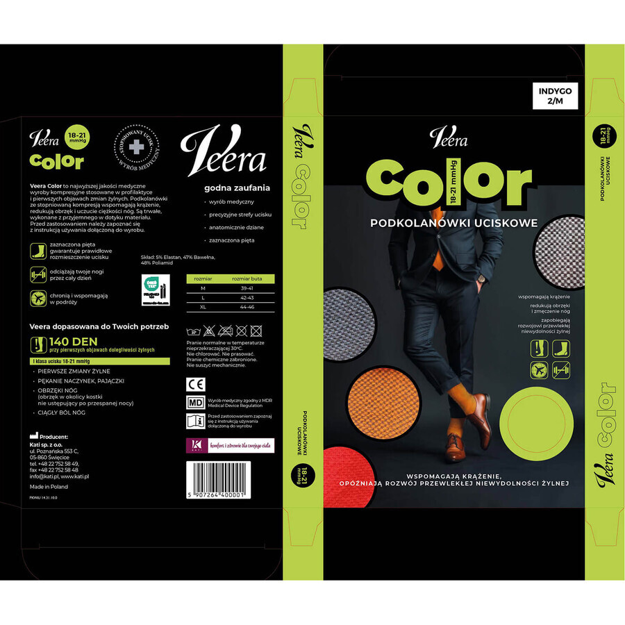 Veera Color, calcetines de compresión para hombre, 18-21 mmHg, índigo, talla M
