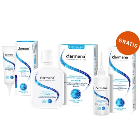 Dermena Set, trichologisches Peeling, Kopfhaut aller Typen, 125 ml + Shampoo gegen Haarausfall, 200 ml + Gel gegen Haarausfall, 150 ml kostenlos