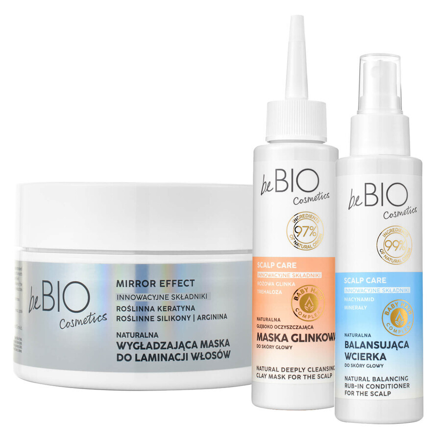 BeBIO Cosmetics Baby Hair Complex Set effetto specchio, maschera laminante per capelli, 200 ml + maschera di argilla detergente per il cuoio capelluto, 100 ml + massaggio per il cuoio capelluto, 100 ml