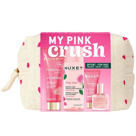 Nuxe My Pink Crush Set, Maske, 75 ml + Mizellenwasser, 100 ml + Creme, 15 ml + Or Florale Trockenöl, 10 ml + Schminktasche