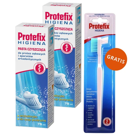 Protefix Hygiene set, denture and orthodontic cleaning paste, 2 x 75 ml + denture brush, 1 free of charge