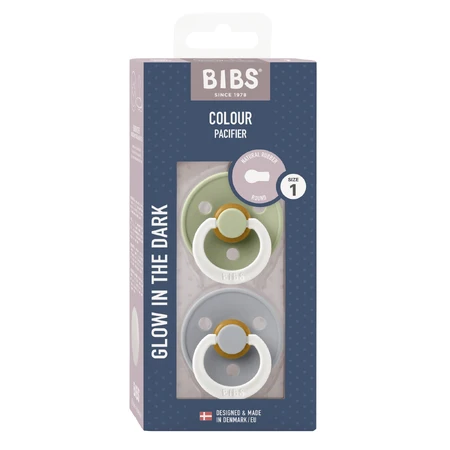 Bibs Colour Night Glow, pacifier, rubber, round, glow-in-the-dark, size 1, Sage & Cloud, from birth, 2 pieces