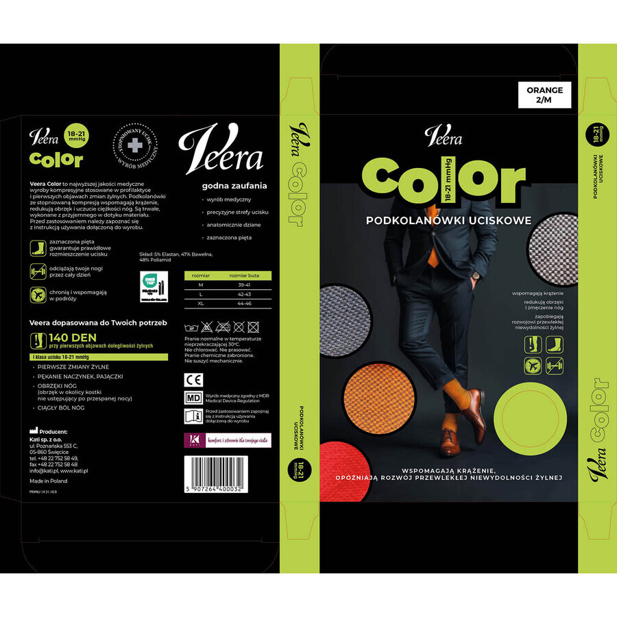 Veera Color, men's compression knee socks, 18-21 mmHg, orange, size M