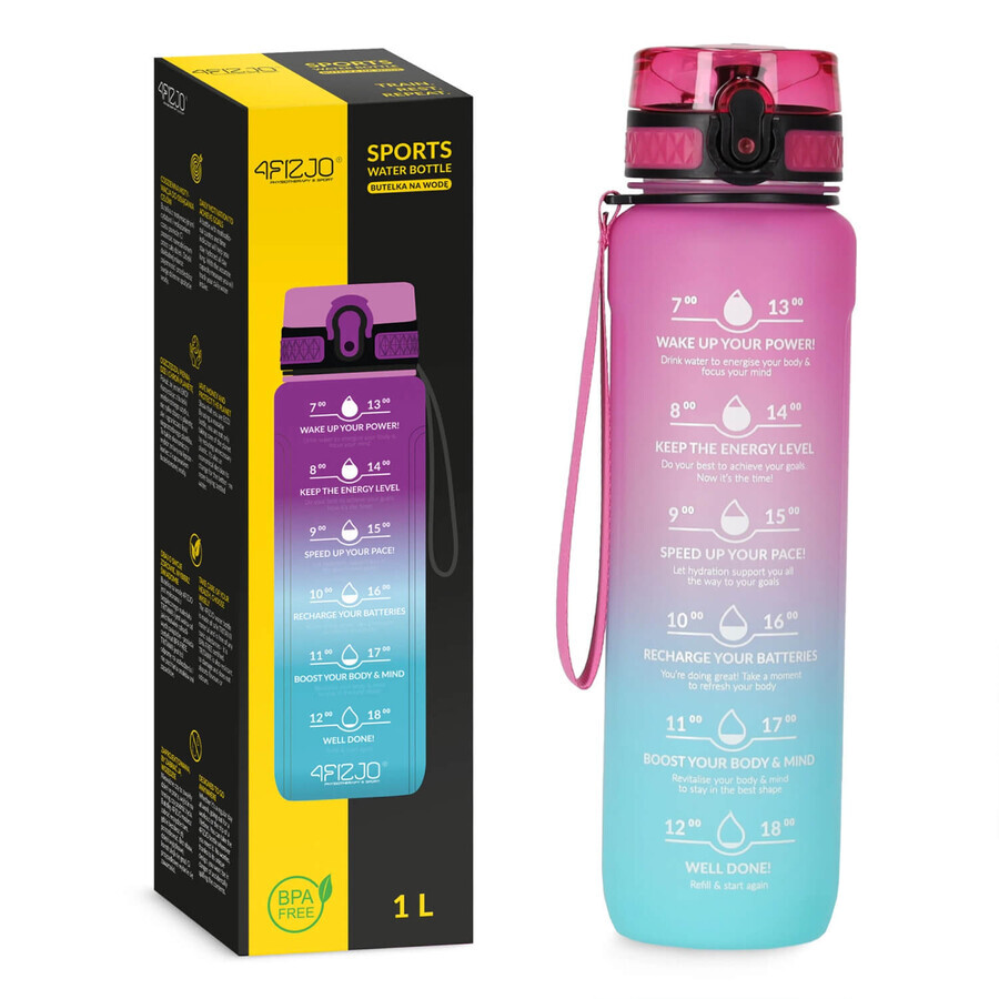 4Fizjo, gourde en tritan, bidon de motivation, bleu/rose, 1 l
