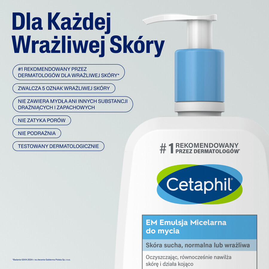Cetaphil EM, micellar emulsion for washing sensitive skin, for the whole family, 500 ml + face moisturizer with hyaluronic acid, night cream, 48 ml free of charge
