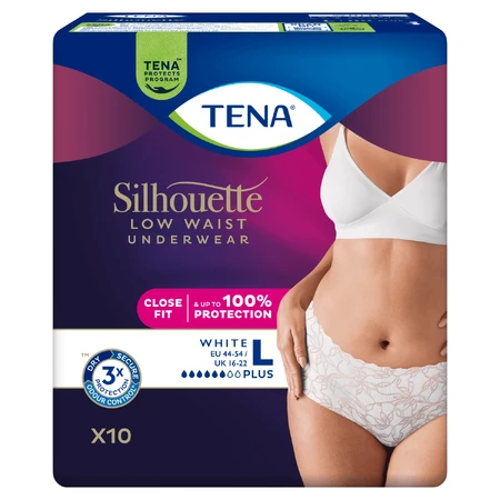 Tena Silhouette Plus Blanco, braguitas absorbentes discretas para mujer, talla L, 10 unidades