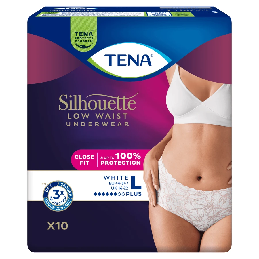 Tena Silhouette Plus Blanco, braguitas absorbentes discretas para mujer, talla L, 10 unidades