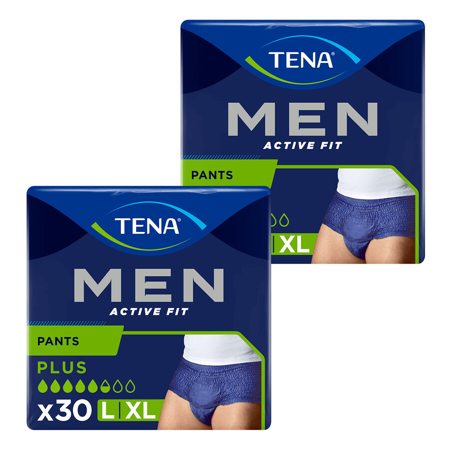 Set Tena Men Active Fit Pants, calzoncillos absorbentes, talla L/XL, 95-130 cm, Plus, 2 x 30 unidades
