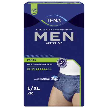 Set Tena Men Active Fit Pants, absorberende slip, maat L/XL, 95-130 cm, Plus, 2 x 30 stuks