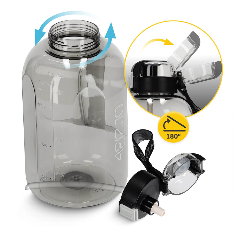 4Fizjo, botella de agua tritán, botella deportiva con asa y pajita, gris, 2 l
