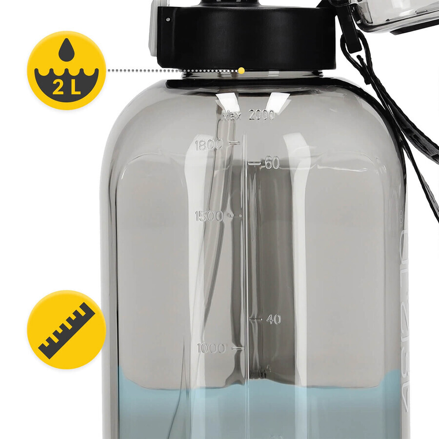 4Fizjo, botella de agua tritán, botella deportiva con asa y pajita, gris, 2 l