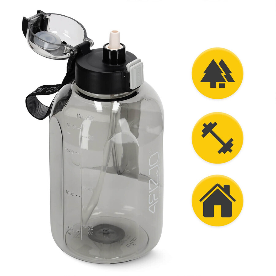 4Fizjo, botella de agua tritán, botella deportiva con asa y pajita, gris, 2 l