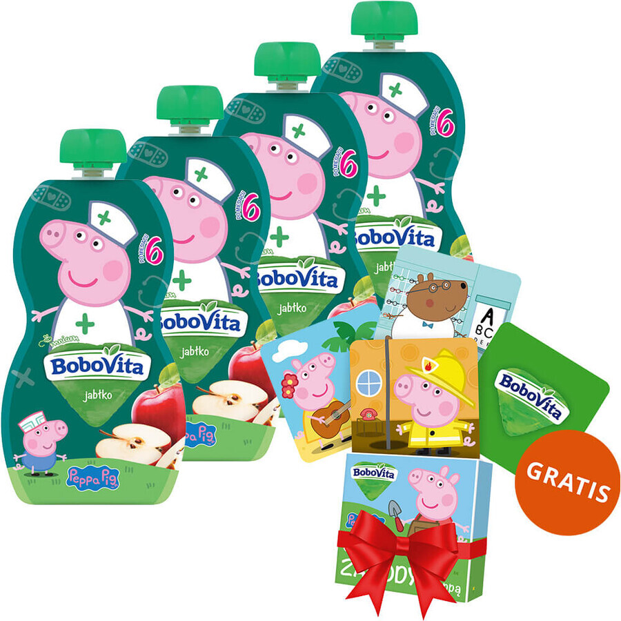 Set BoboVita Peppa Pig Mousse en tubo, manzana, después de 6 meses, 4 x 100 g + tarjetas de memoria, 24 gratis