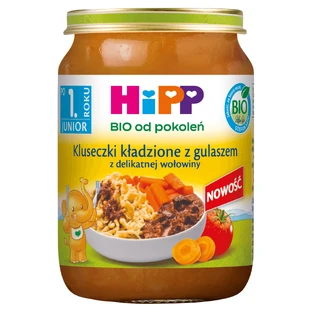 Plato HiPP Junior Bio, capas de fideos con estofado de ternera tierna, después de 1 año, 250 g
