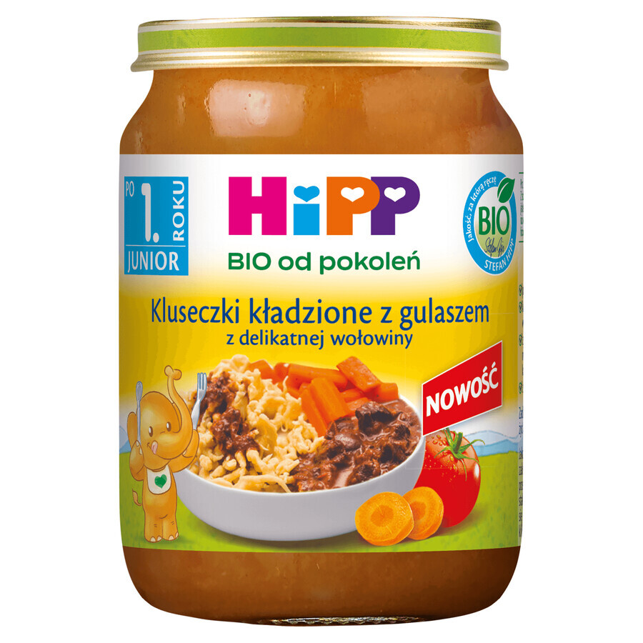 Plato HiPP Junior Bio, capas de fideos con estofado de ternera tierna, después de 1 año, 250 g