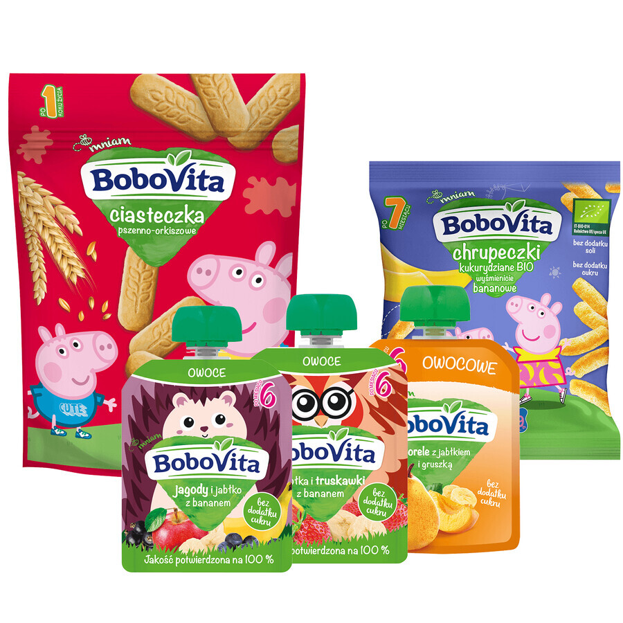 BoboVita mousse en tubo, 3 x 80 g + patatas fritas, 20 g + galletas, 150 g