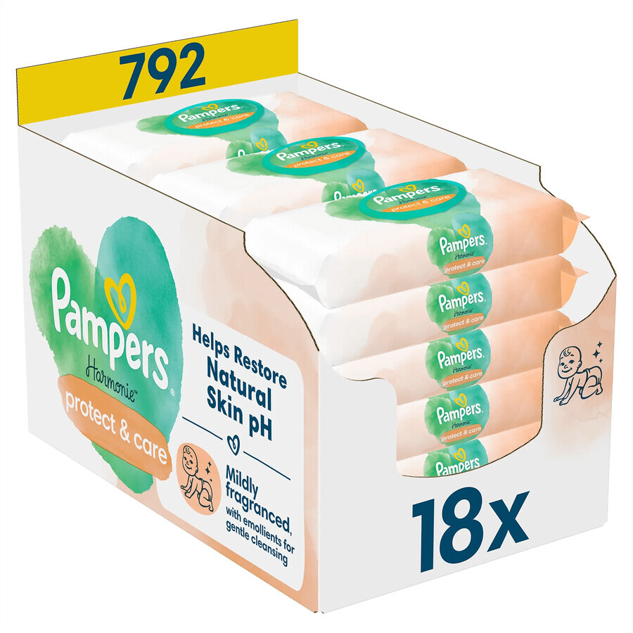 Pampers Harmonie Protect & Care, lingettes humides, 18 x 44 pièces EMBALLAGE BRISÉ