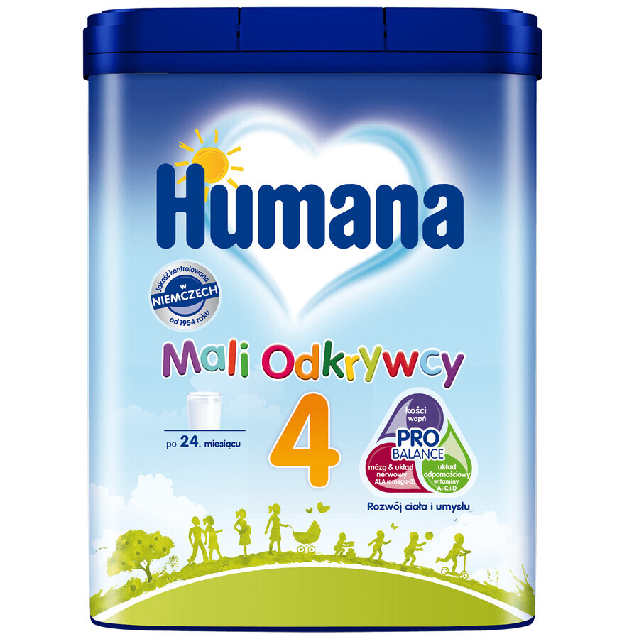 Humana 4 Little Explorers, bevanda al latte in polvere con latte scremato e oli vegetali, dopo i 24 mesi, 650 g