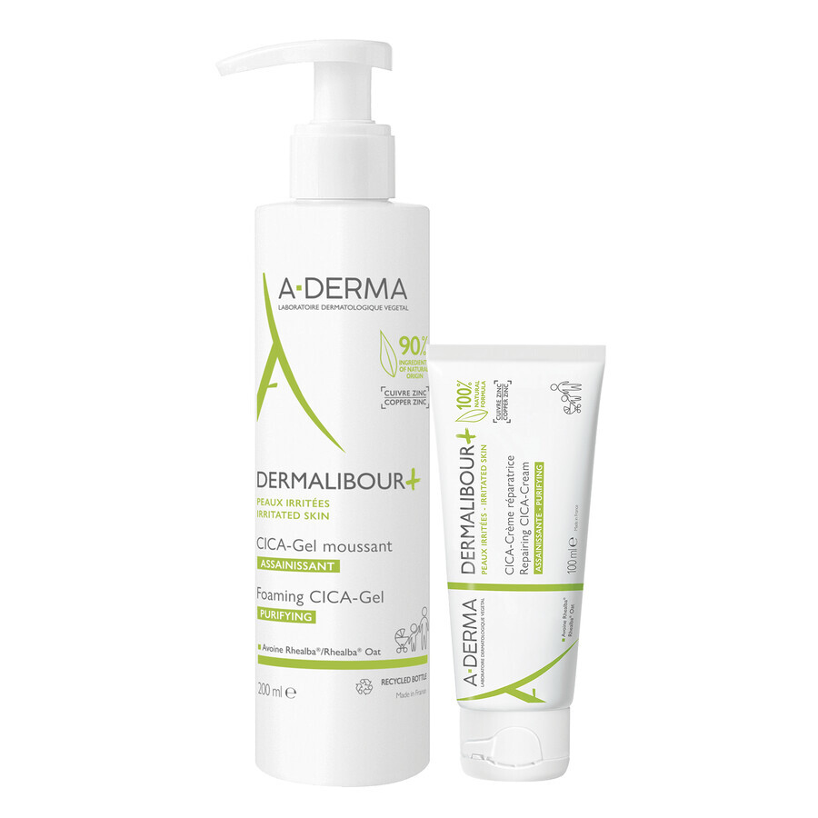 Set A-Derma Dermalibour+ Cica, crema rigenerante per pelle irritata, dal 1° giorno, 100 ml + gel detergente per pelle irritata, 200 ml