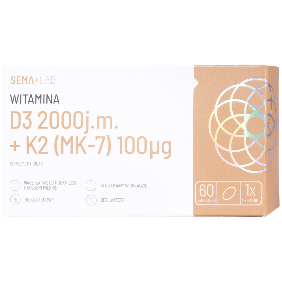 SEMA Lab Vitamin D3 2000 IU + K2 (MK-7) 100 µg, 60 Weichkapseln