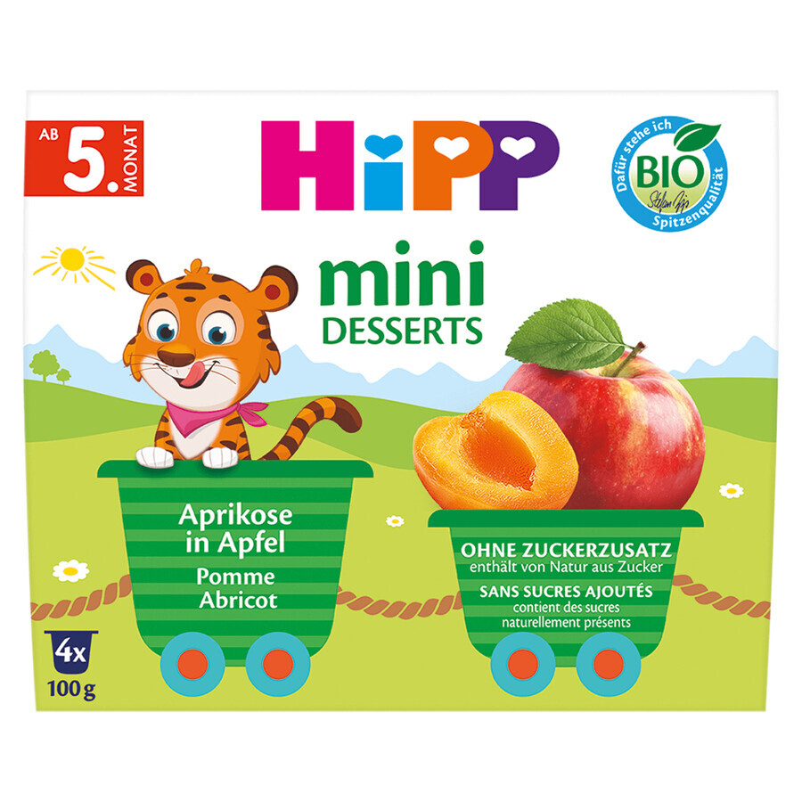 HiPP Mini Dessert Bio, pomme, abricot, après 5 mois, 4 x 100 g