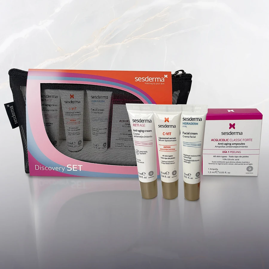 Sesderma Discovery Set, suero en ampollas 2 x 1,5 ml + suero liposomado, 10 ml + crema hidratante, 15 ml + crema antiedad, 10 ml