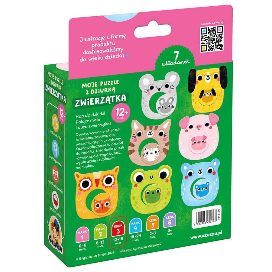 CzuCzu Animali, puzzle con foro per bambini, da 12 mesi, 14 pezzi