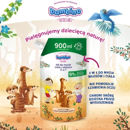 Bambino Kids, Gel lavacabezas y corporal 2 en 1, Surykats, caldo, 900 ml