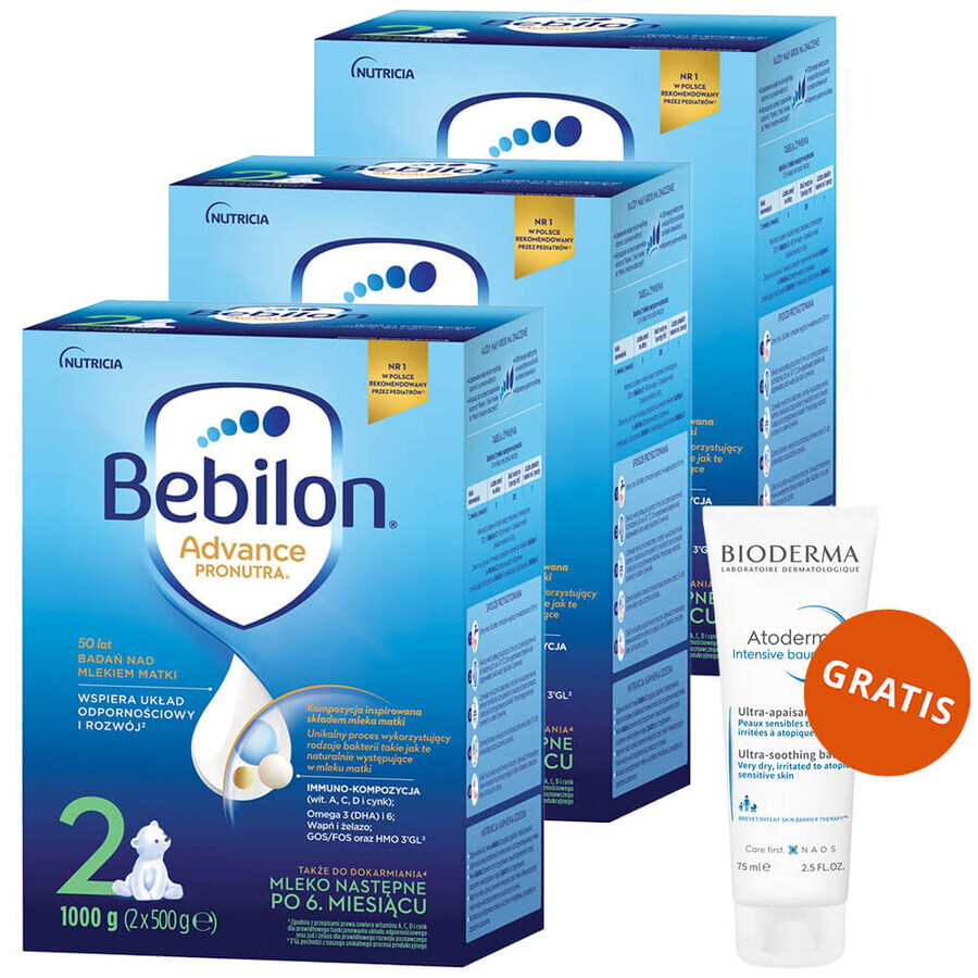 Set Bebilon Advance Pronutra 2, lait de suite, plus de 6 mois, 3 x 1000 g + Bioderma Atoderm Intensive Baume, lotion émolliente apaisante, 75 ml gratuit
