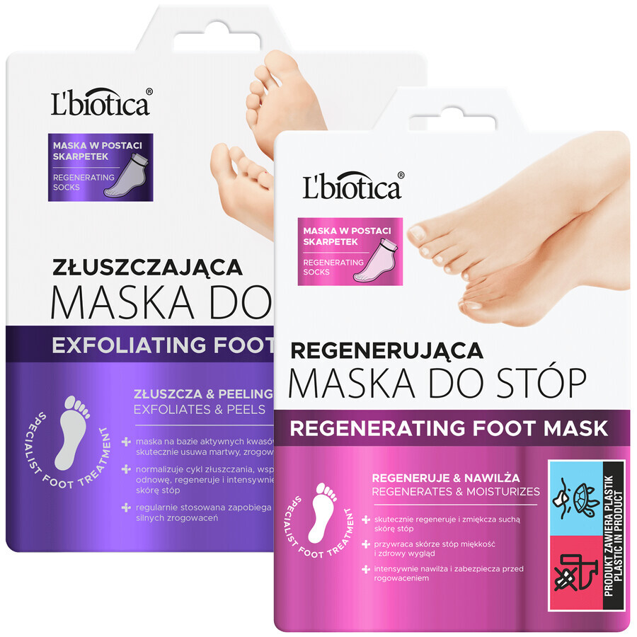 Set Home Spa L'Biotica, maschera esfoliante per piedi, calzini imbevuti, 40 ml + maschera rigenerante per piedi, calzini imbevuti, 32 ml