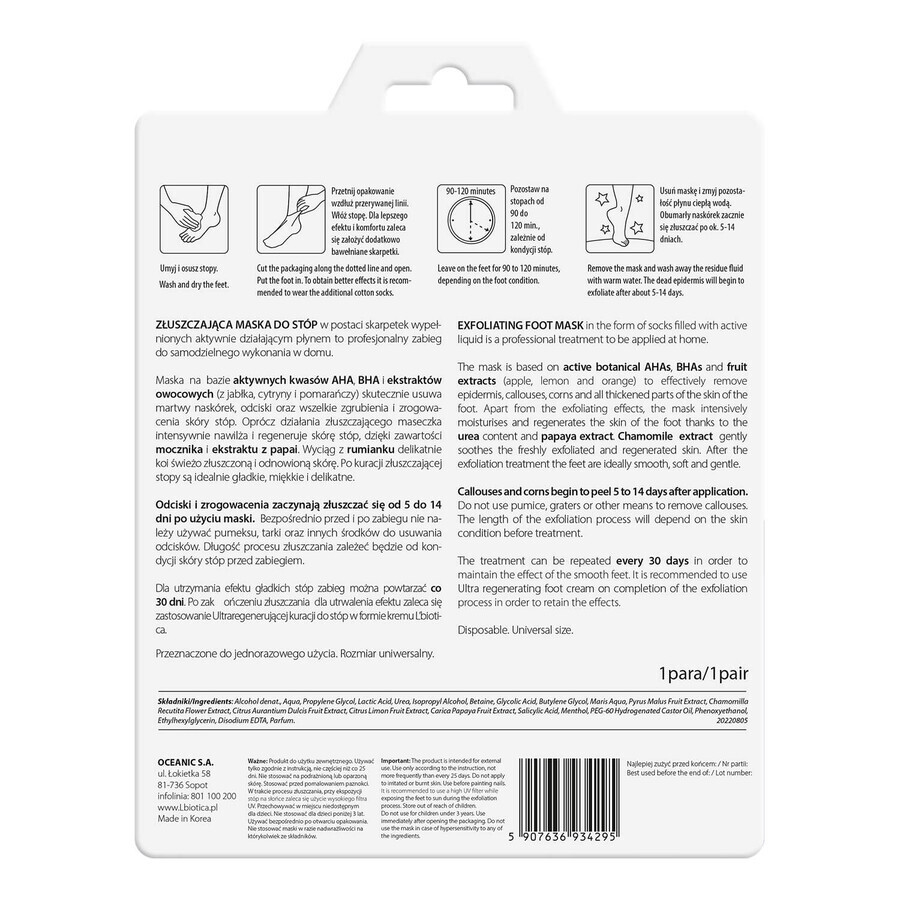 Set Home Spa L'Biotica, maschera esfoliante per piedi, calzini imbevuti, 40 ml + maschera rigenerante per piedi, calzini imbevuti, 32 ml
