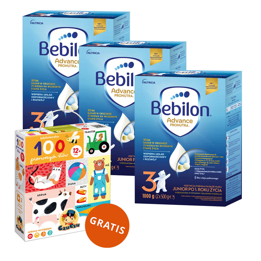 Set Bebilon Advance Pronutra 3 Junior, lait maternisé nutritif, après 1 an, 3 x 1000 g + CzuCzu, livret de 100 premiers mots gratuit