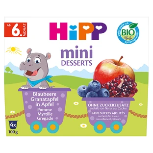 HiPP Mini Postre Bio, manzana, arándano, granada, después de 6 meses, 4 x 100 g