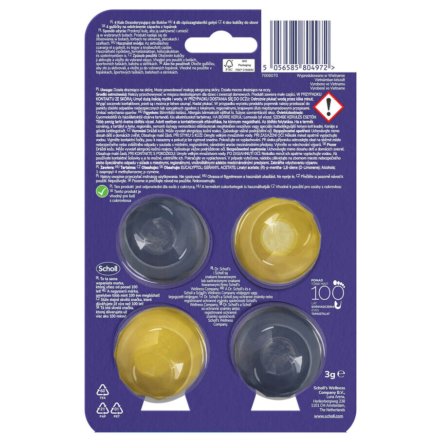 Dr. Scholl's, palline deodoranti per scarpe, 4 pezzi