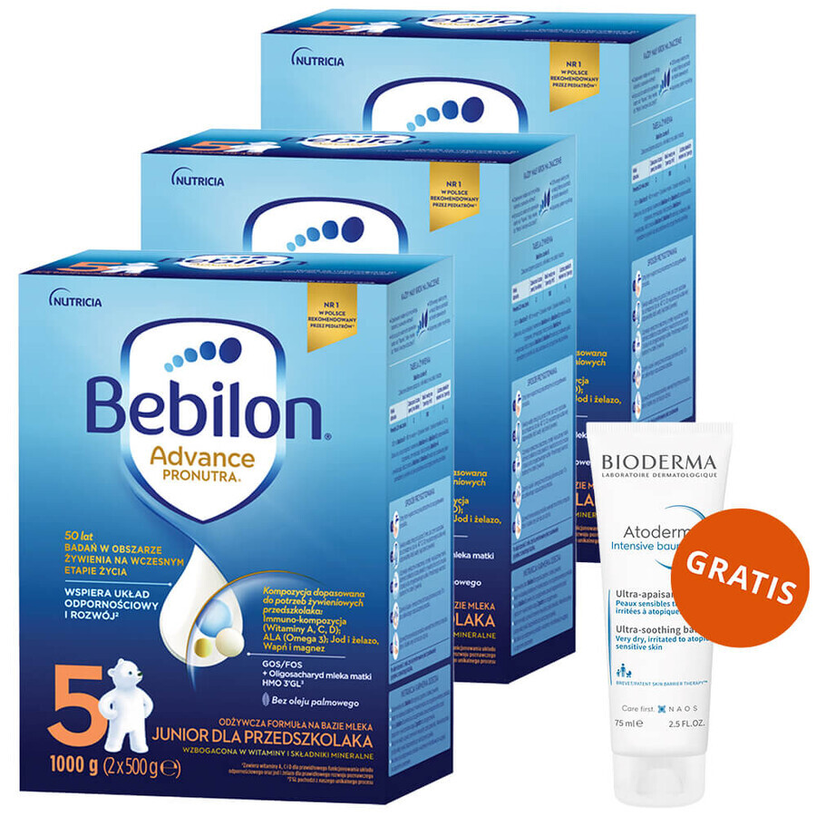 Set Bebilon Advance Pronutra 5 Junior, formula nutriente a base di latte, per bambini in età prescolare, 3 x 1000 g + Bioderma Atoderm Intensive Baume, lozione emolliente, 75 ml in omaggio