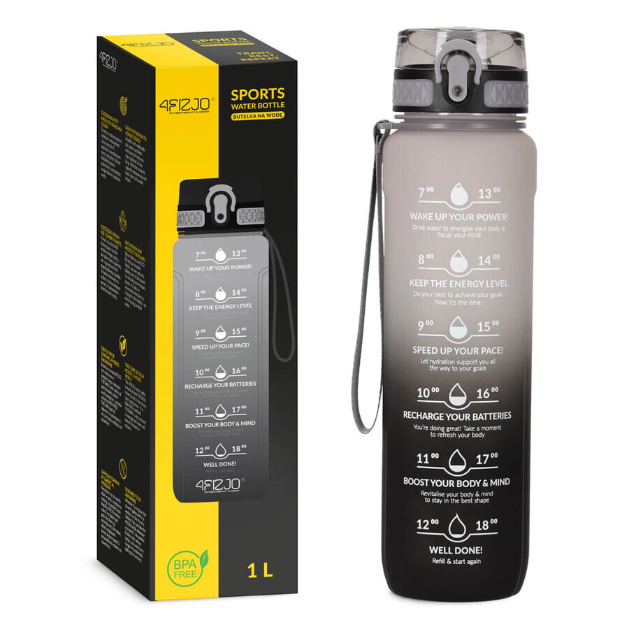 4Fizjo, gourde en tritan, bidon de motivation, noir-gris, 1 l