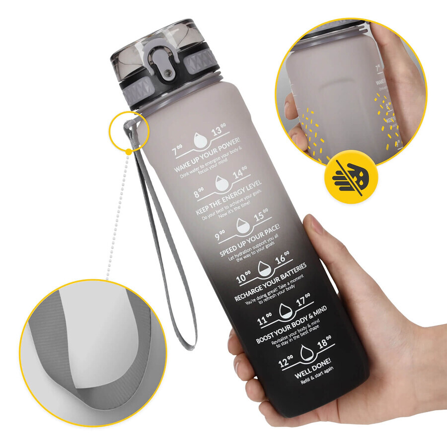 4Fizjo, gourde en tritan, bidon de motivation, noir-gris, 1 l