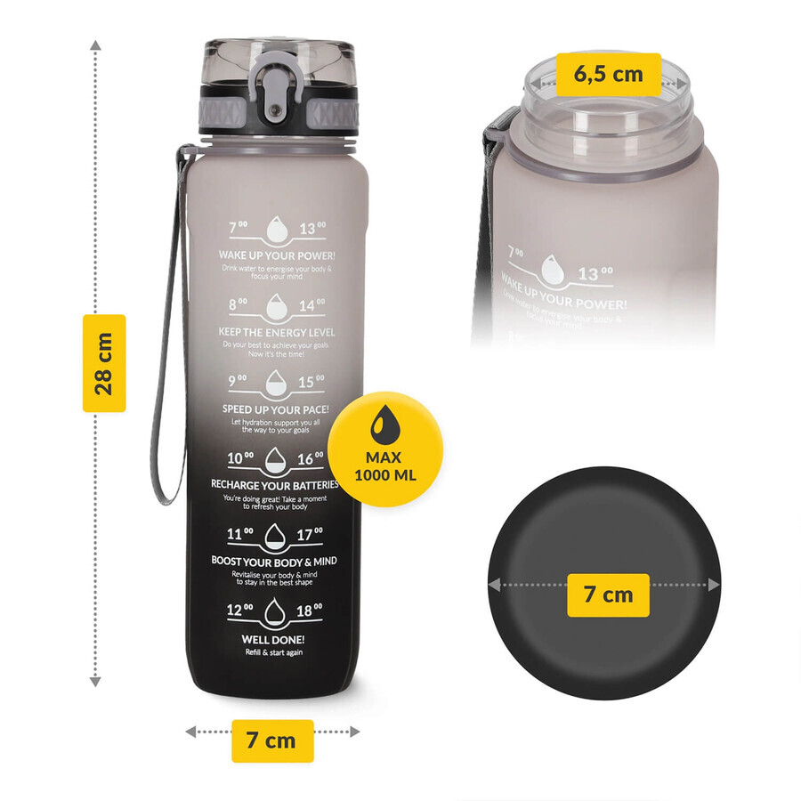 4Fizjo, gourde en tritan, bidon de motivation, noir-gris, 1 l
