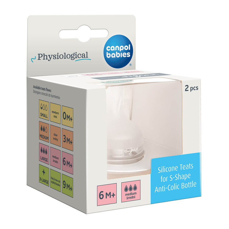 Canpol Baby's, anti-koliek fles S-Shape, wijde opening, PP, 24/200, 310 ml + siliconen speen voor fles S-Shape L, medium, 59/893, vanaf 6 maanden, 2 stuks gratis