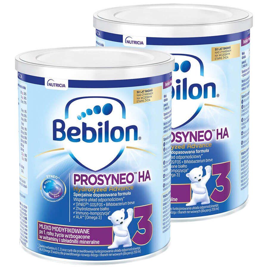 Set Bebilon Prosyneo HA Hydrolyzed Advance 3, lait modifié, après 1 an, 2 x 400 g