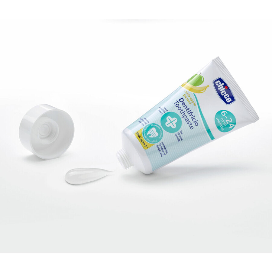 Chicco, Kinderzahnpasta, nach 6 Monaten, Apfel- und Bananengeschmack, mit Fluorid, 50 ml