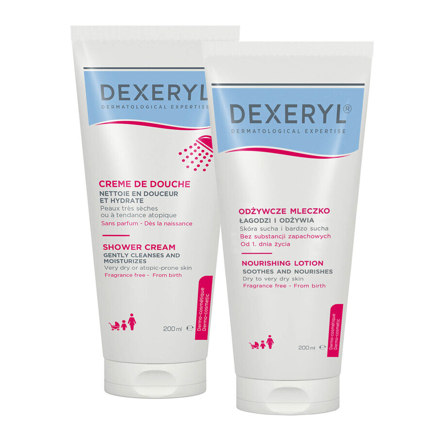 Set Dexeryl Shower, crema detergente doccia per neonati, bambini e adulti, pelle molto secca e atopica, 200 ml + latte corpo nutriente, 200 ml