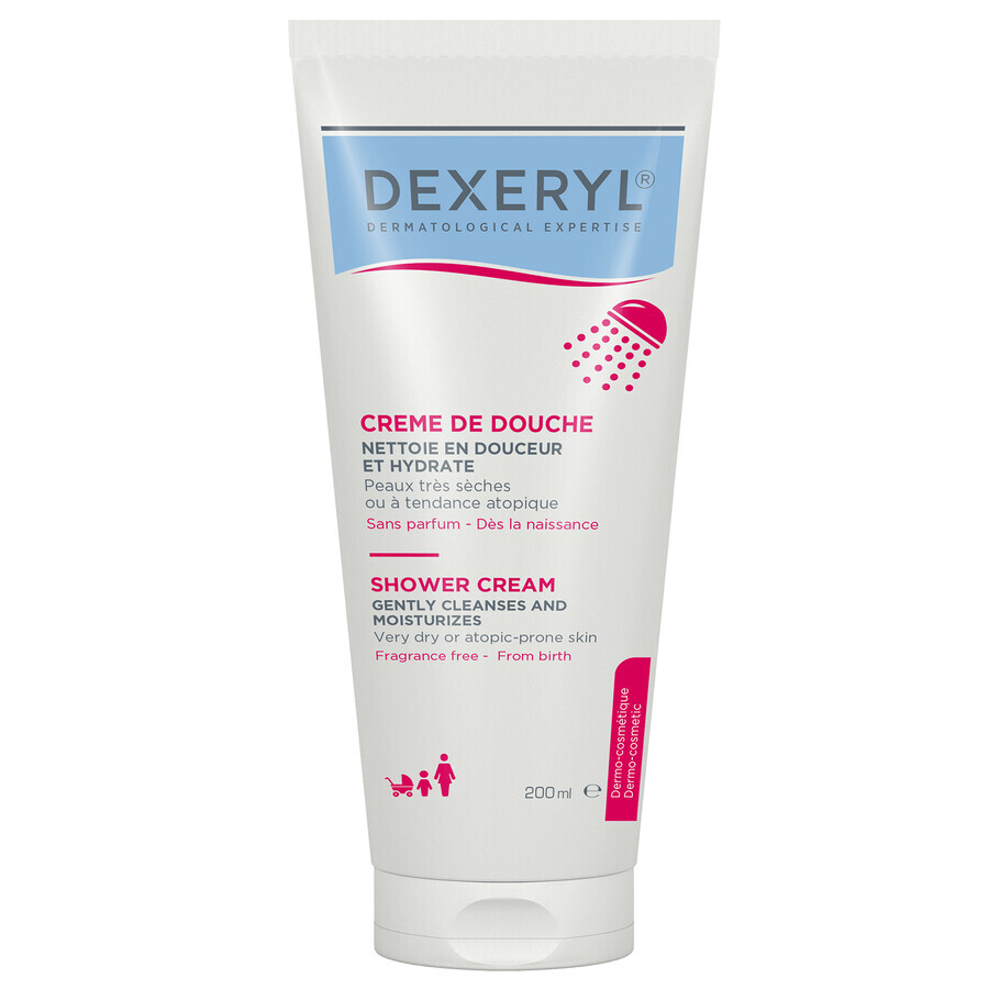 Set Dexeryl Shower, crema detergente doccia per neonati, bambini e adulti, pelle molto secca e atopica, 200 ml + latte corpo nutriente, 200 ml