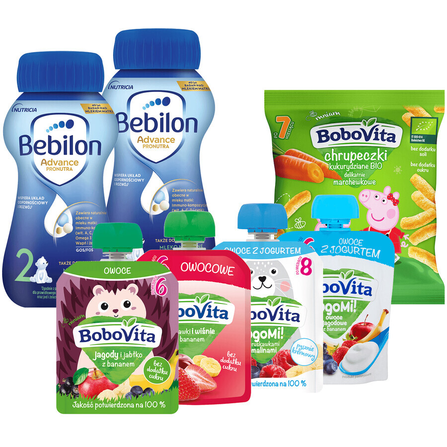 Set Bebilon Advance Pronutra 2, trinkfertige Folgemilch, nach 6 Monaten, 2 x 200 ml + BoboVita Chips, 20 g + Dessert, 4 x 80 g